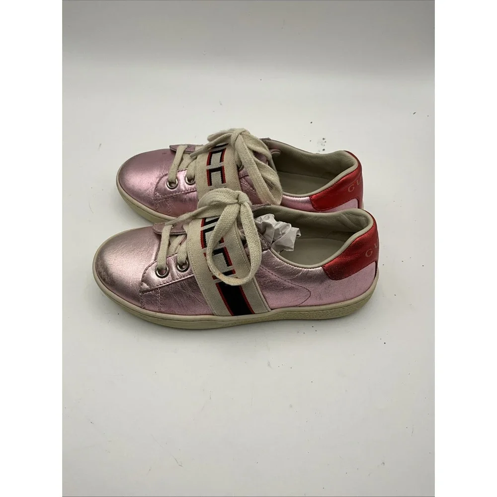 Gucci Ace Kids Pink Metallic Leather Sneakers Web Stripe EU 28 Italy